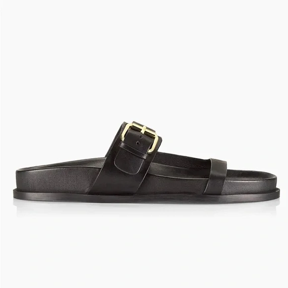 A Emery Prince Sandal Black Slide Sandals with Gold Buckle - Picture 2 of 6